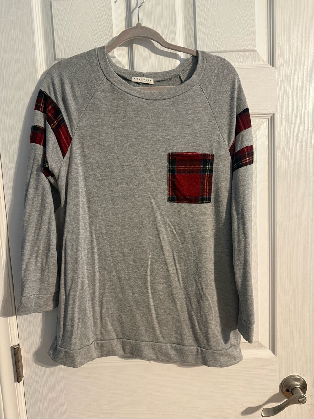 First Look Gray Plaid Pocket Long Sleeve Top Women’s XL Made in USA